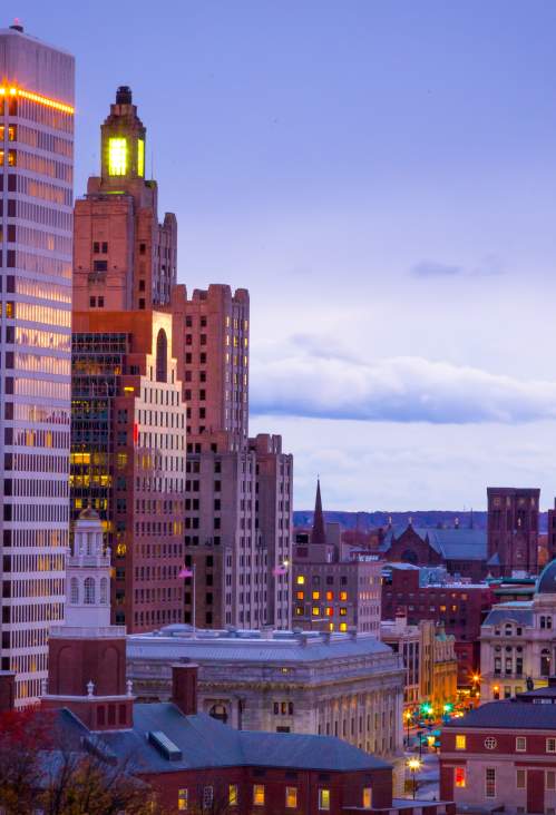 The Superman Building at dusk in Providence, RI.