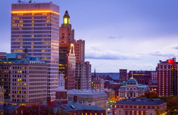The Superman Building at dusk in Providence, RI.