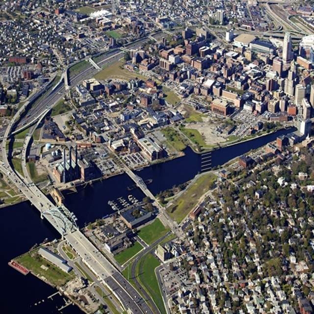 An aerial view of the 195 development district in Providence, RI.