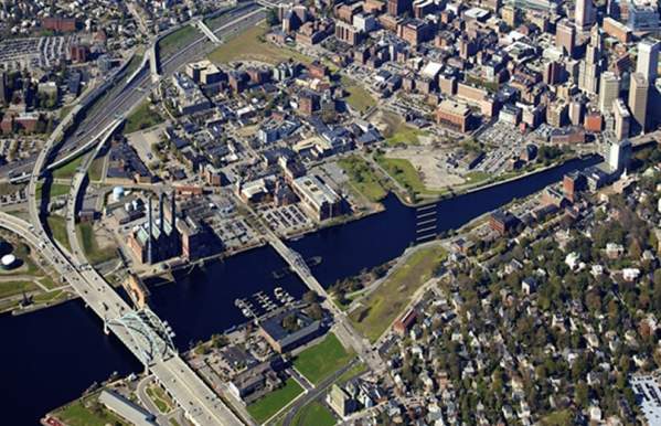 An aerial view of the 195 development district in Providence, RI.