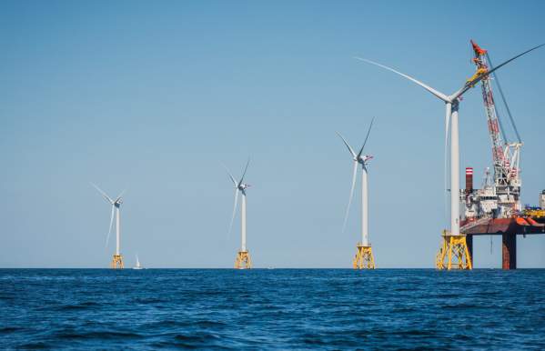 A wind turbine being assembled in an offshore wind farm in Rhode Island.
