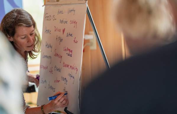 A woman writing on a whiteboard.