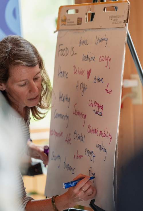 A woman writing on a whiteboard.