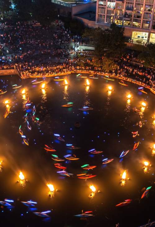 An overhead view of WaterFire in Providence, RI.