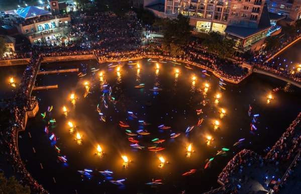 An overhead view of WaterFire in Providence, RI.