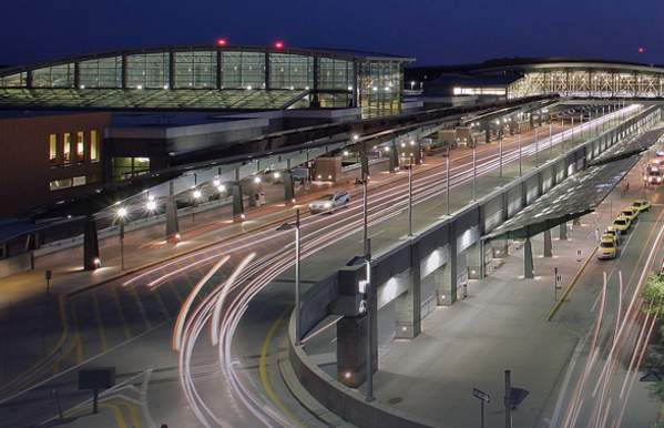 A long exposure shot of Rhode Island T.F. Green International Airport at night.