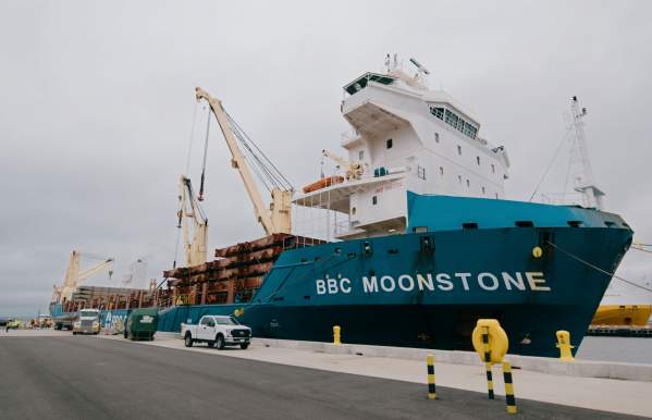 A ship with BBC Moonstone written on the side docked in Rhode Island.